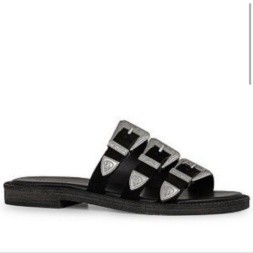 All Saints black leather western style buckle sandals size 38